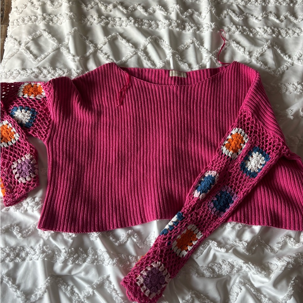 Altar'd State Fuchsia Sweater with Colorful Crochet Sleeves